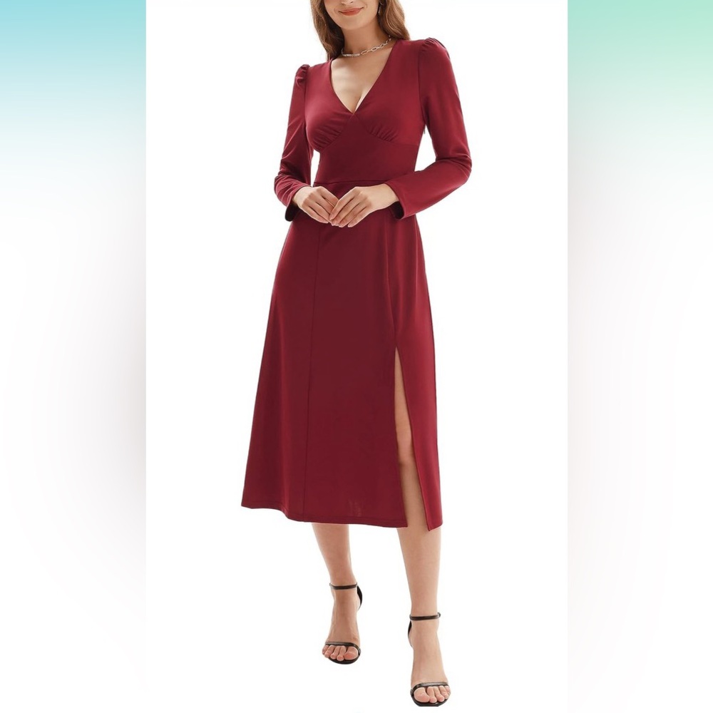 V-Neck Midi Dress with long puff sleeves and side split